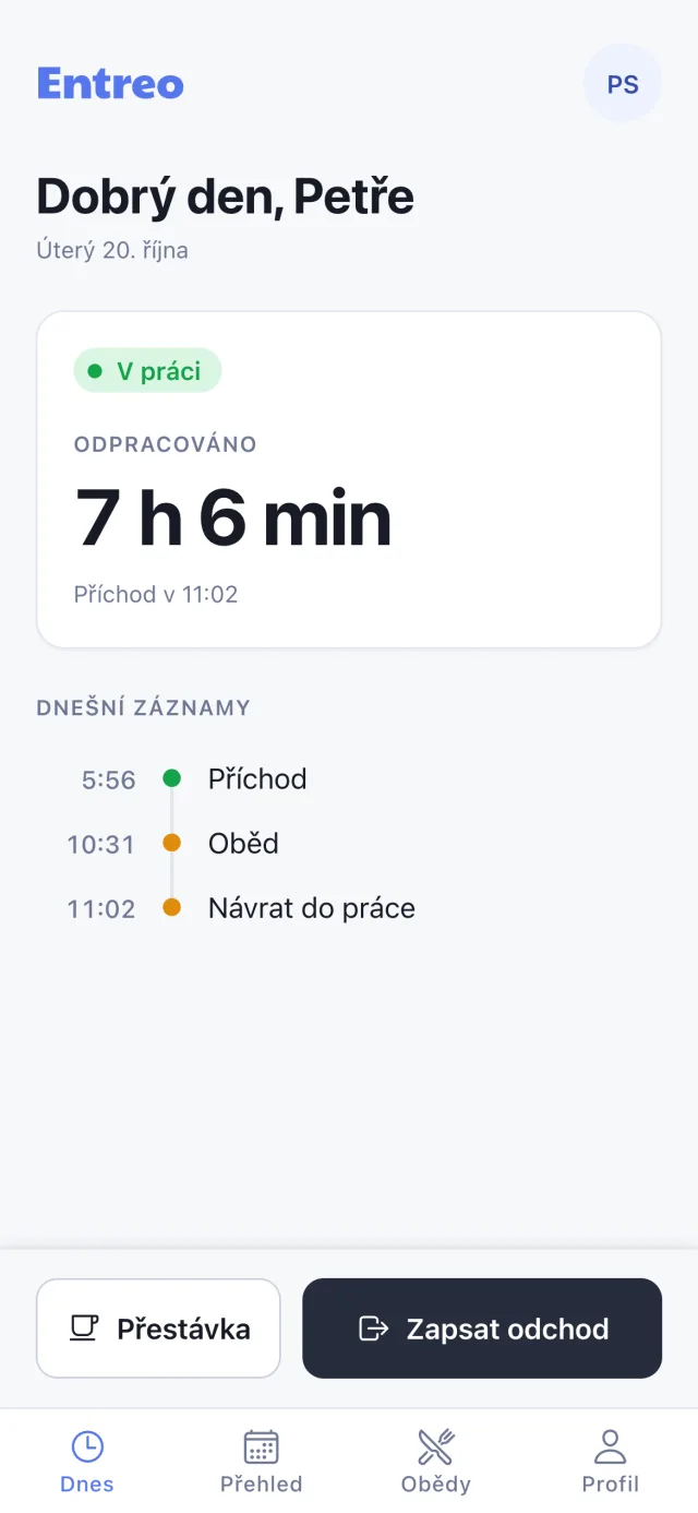 Mobilní aplikace Entreo: Příchod a odchod v mobilu